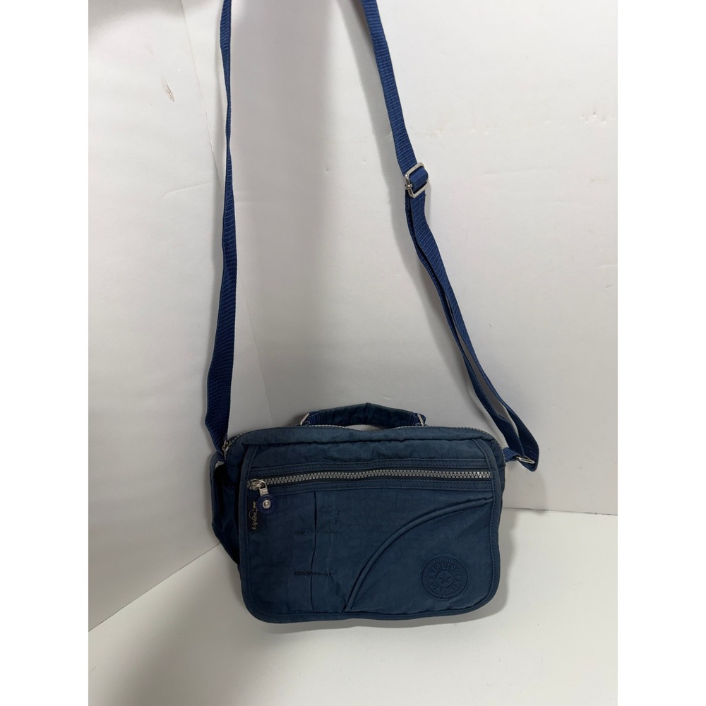 Kipling Navy Blue Crinkle Nylon Crossbody Messenger Bag Polka Dot Lining see pic
